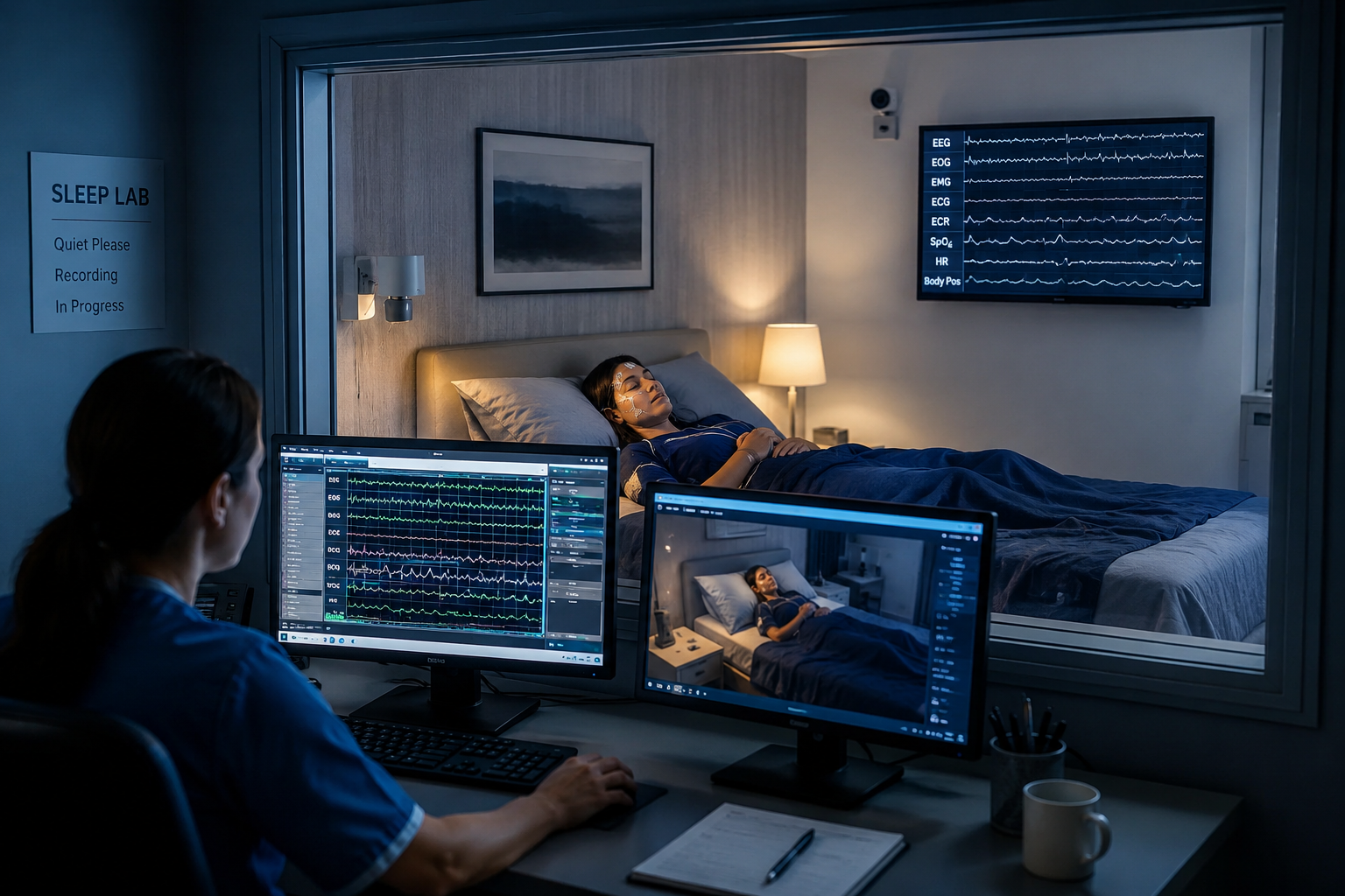 Sleep medicine lab with polysomnography sensors and CPAP machine
